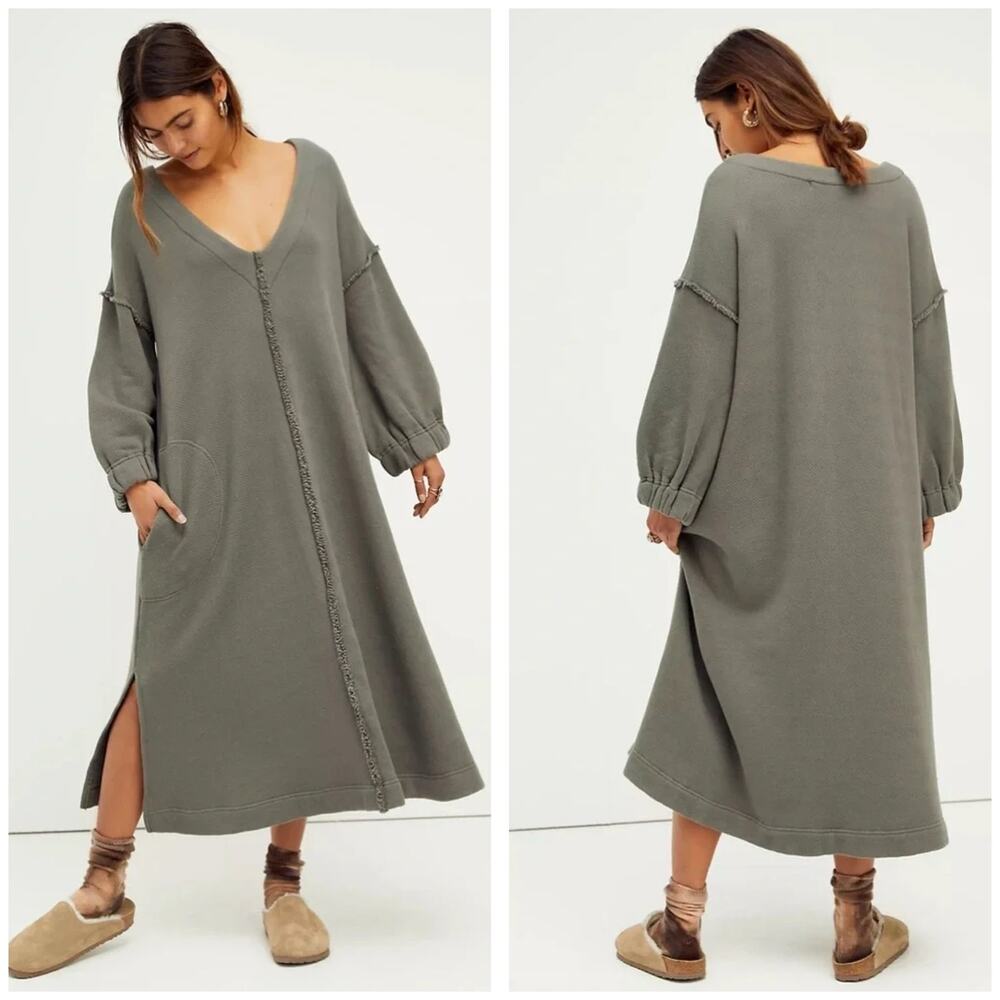 Free people CoastLine Cozy Olive/Gray Midi Sweatshirt Dress Size XS Oversized